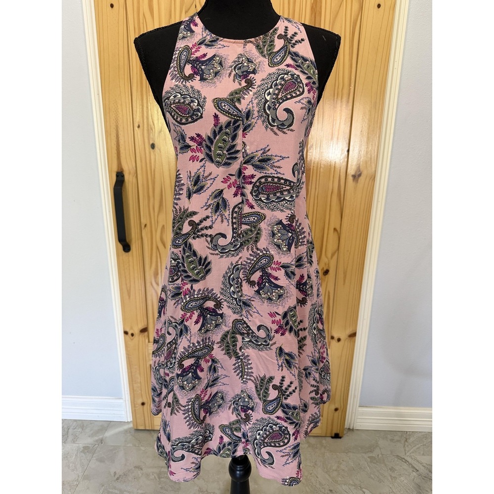 Entro Dress Womens Small Pink Paisley Halter Lace Up Back Tassel Swing Mini